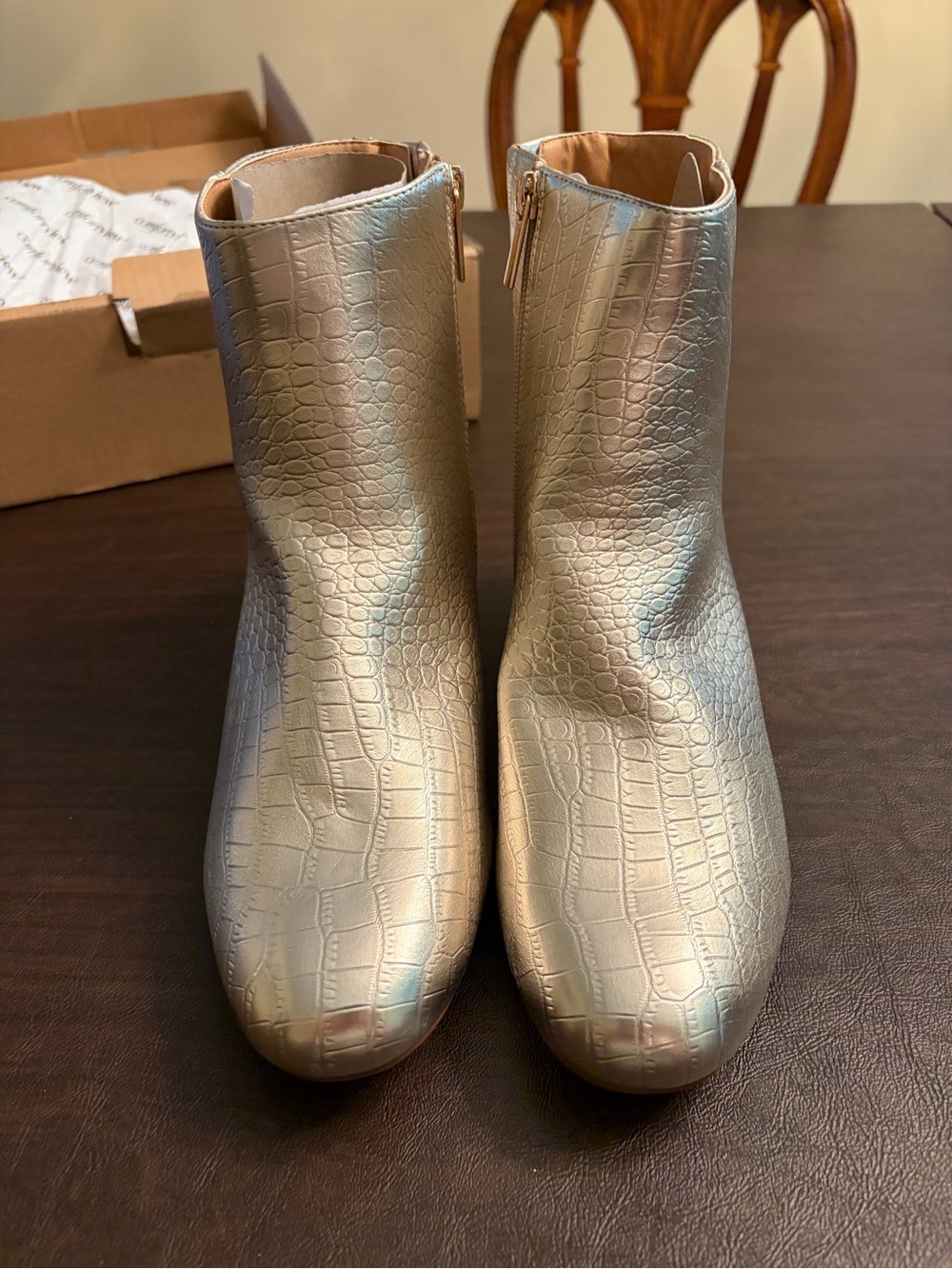 Metallic Croc-Embossed Ankle Booties in Gold